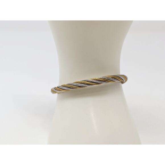 Silver Gold Tone Adjustable Steel Twisted Cable Cuff Bangle Bracelet Ring Set - Picture 7 of 8